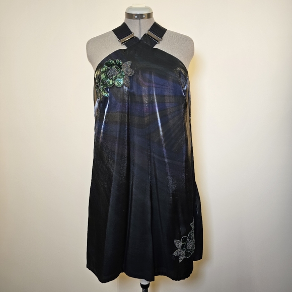 Custom handmade purple green metallic tafetta halter tent midi dress size 12 US - Picture 2 of 6